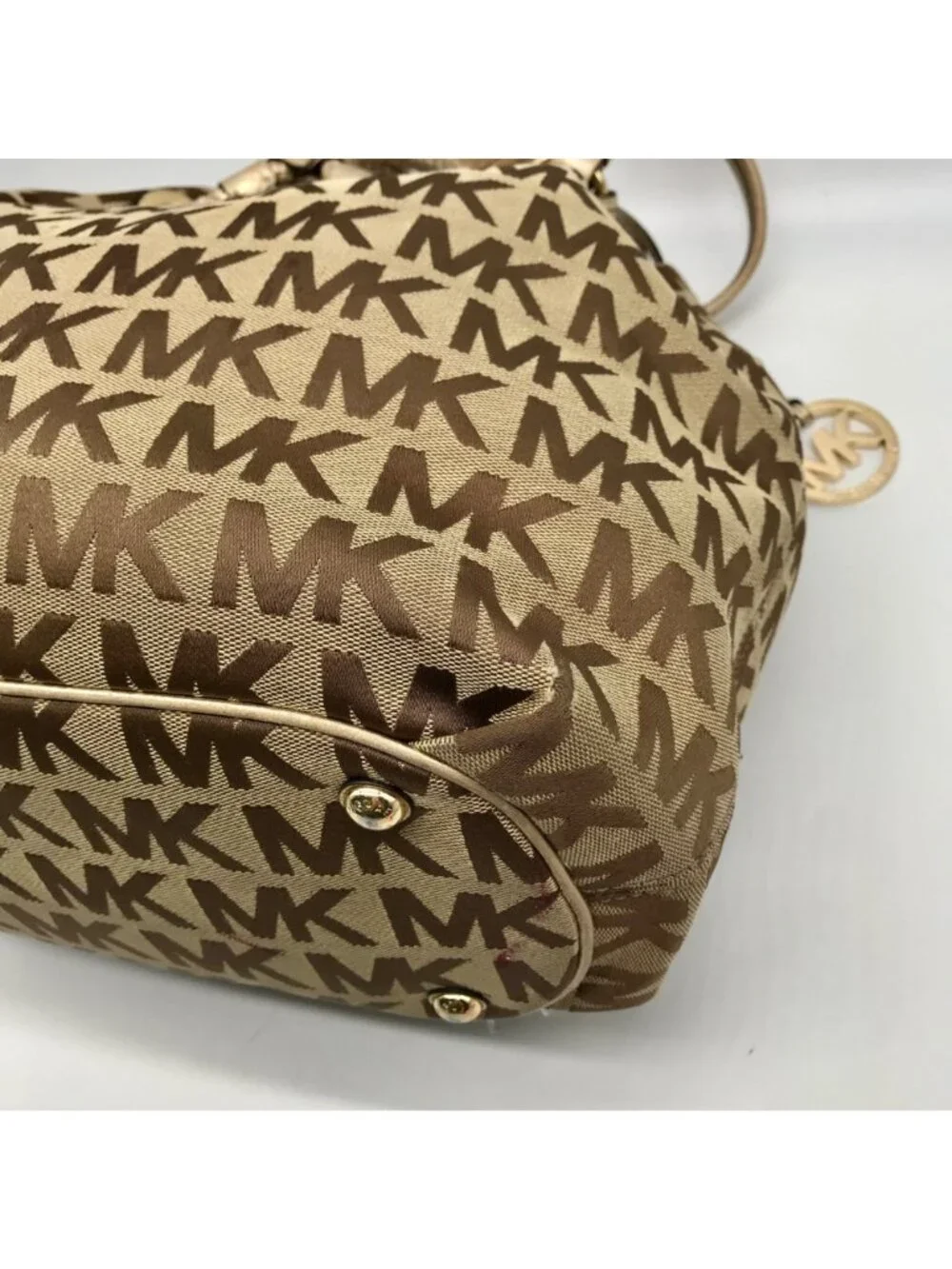 Michael Kors Brown & Gold Monogram Canvas Gathered Jet Set Tote Bag